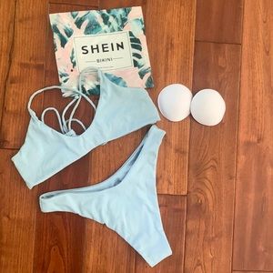 SHEIN Dusty Blue lace  up Bikini top & High Cut Bottoms swimsuitSize LARGE NEW!